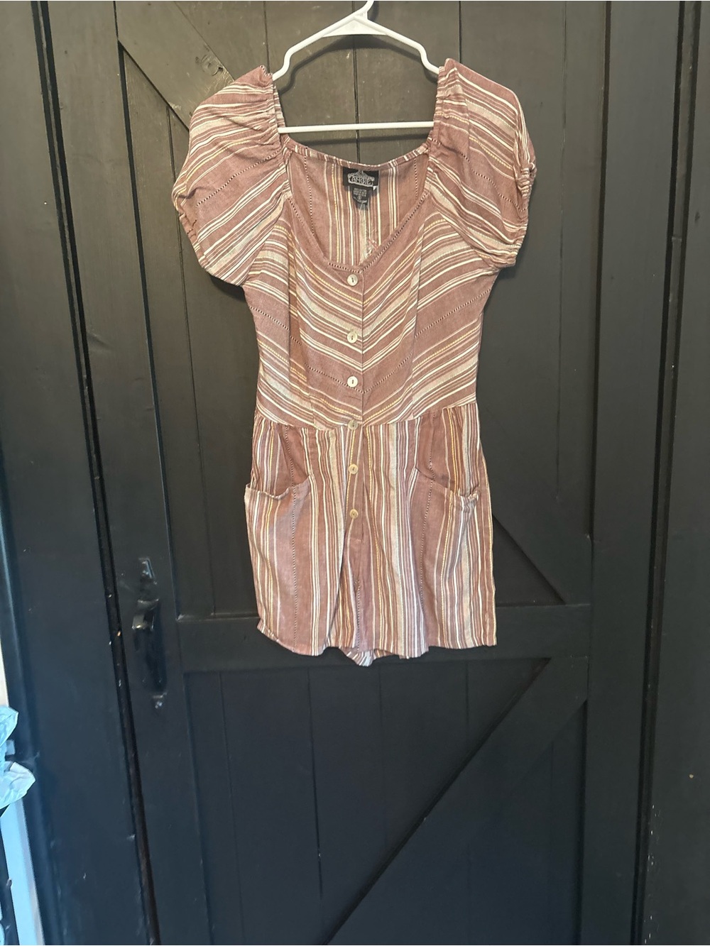 Angie Striped Tan & White Short Sleeve Button Romper